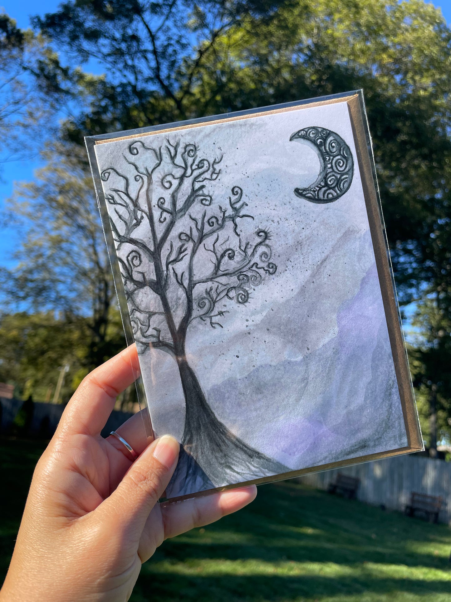 Thinking of You - Whispers of the Moon hand illustrated Greeting Card in watercolor