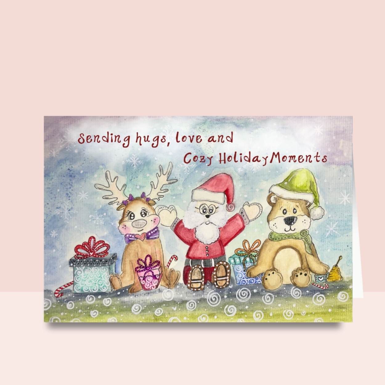 Cute Santa & Friends Watercolor Christmas Greeting Card
