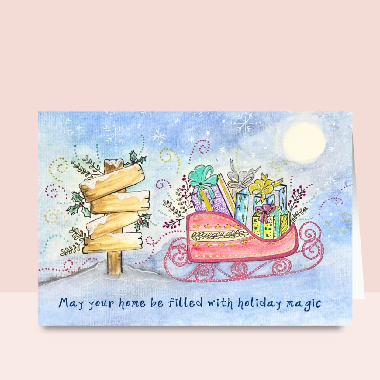 Watercolor Magic Sleigh Card with Blank Signpost for Handwritten Personalization