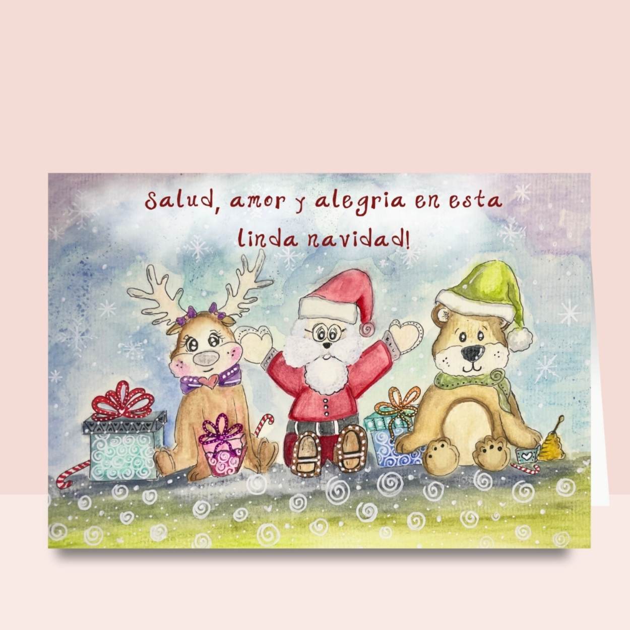 Tarjeta Navideña en Acuarela "Salud, Amor y Alegría en esta Navidad"