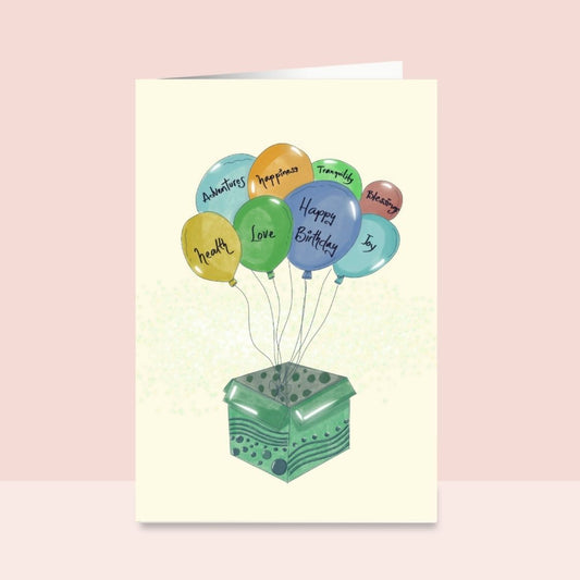 Best wishes Birthday Gift Box Balloons Hand Illustrated Greeting Card