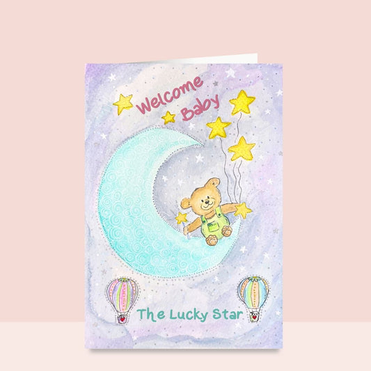 Welcome Lucky Star Baby Bear Moon Card | Celestial New Baby Greeting Card