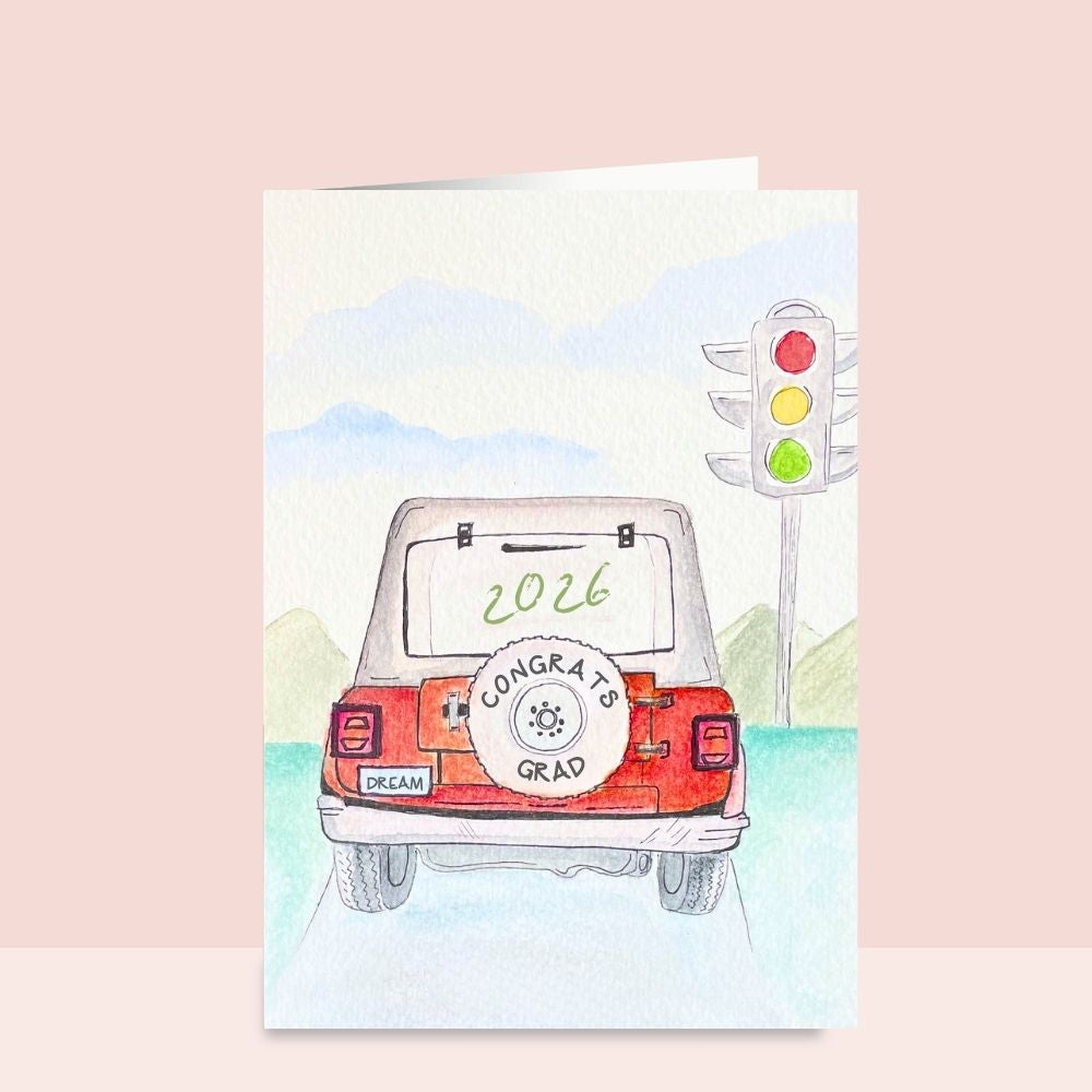 Watercolor Jeep Graduation Card – Congrats Grad Class of 2026 Greeting Card Hand Illustrated